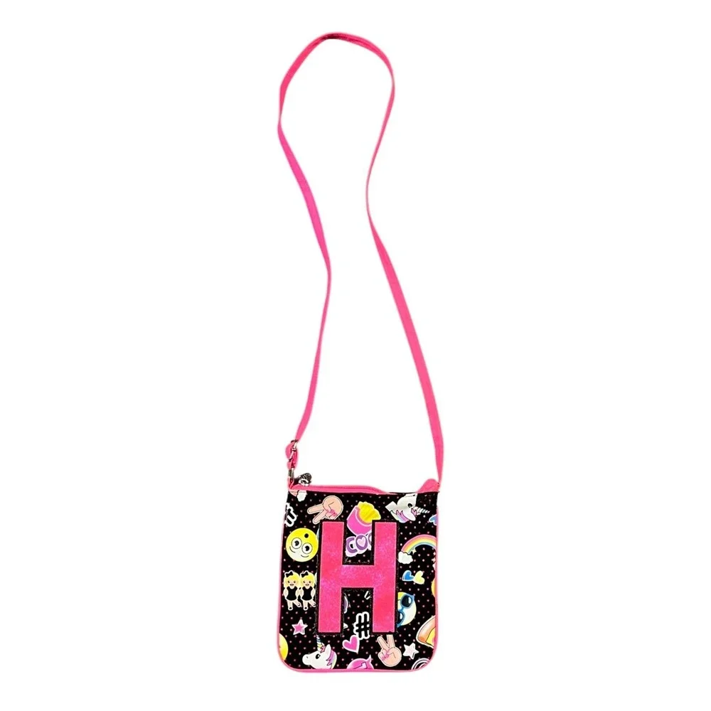 Justice Girls Crossbody Bag Initial H Emoji Polka Dot Black Pink Glitter Purse